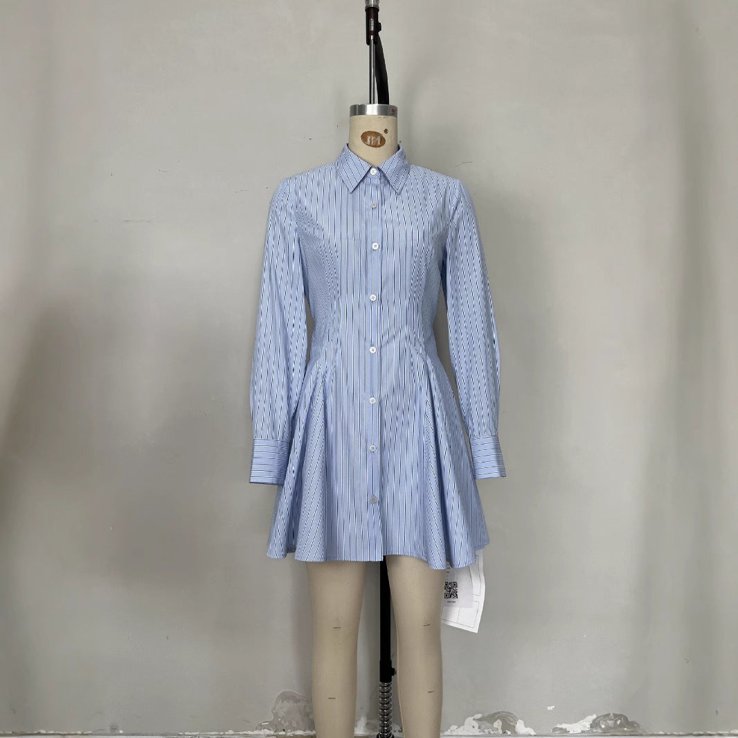 Design Three-quarter Sleeve With Pleated Breathable Stripes Dresses