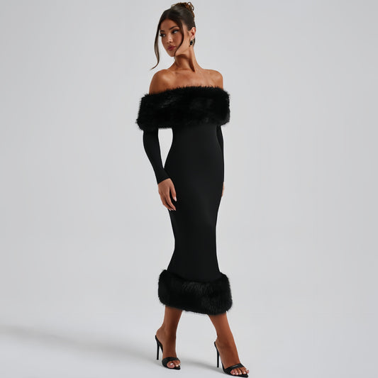 Women's Fashion Fur Collar Long Sleeve Elegant Dresses