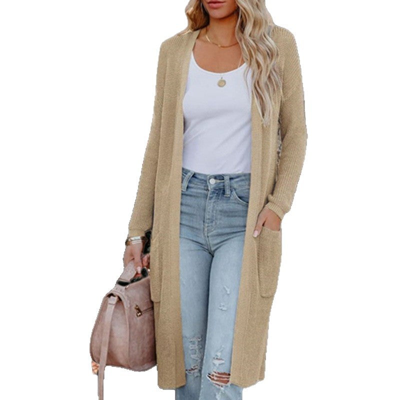 Women's Mid-length Knitted Pocket Solid Color Baggy Women's Sweater