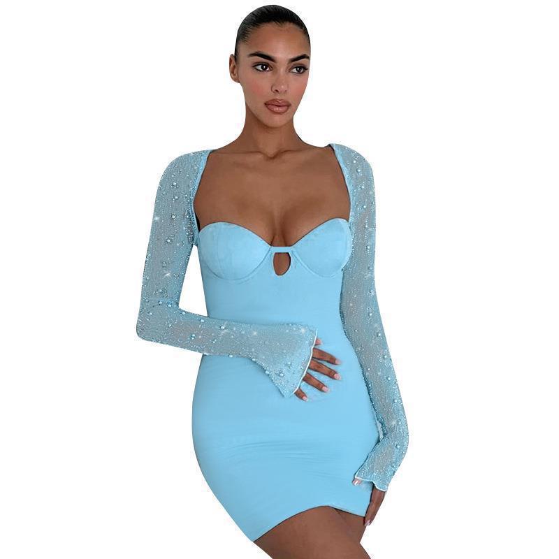 Women's Slim Sexy Sheath Fashion Bead Long-sleeved Dress