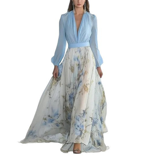 Women's Digital Printing Long Sleeve Collar Patchwork Dress