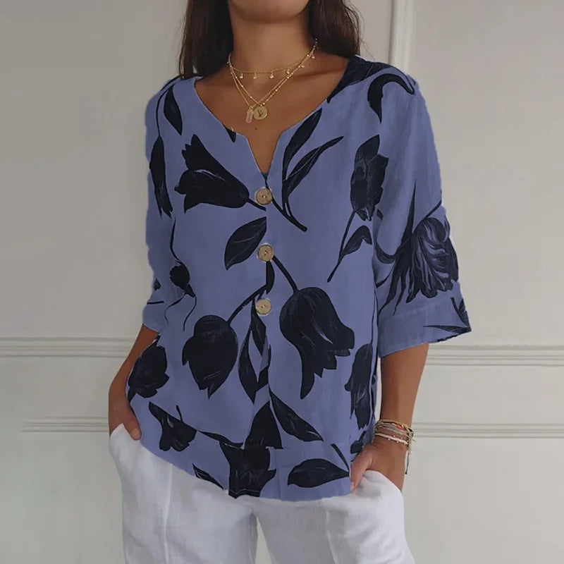 Women's Printed Cotton Linen Short-sleeved Pullover Shirt Blouses