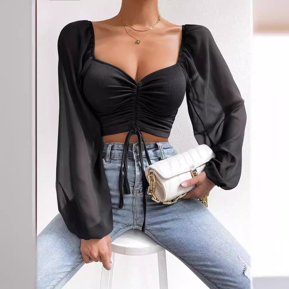 Women's Sexy Stitching Chiffon Drawstring Lantern Sleeve Tops