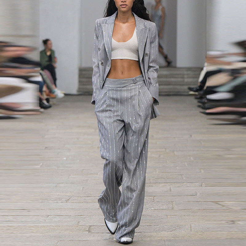 Gray Hot Drilling Double Breasted Two-piece Fashion Casual Suit