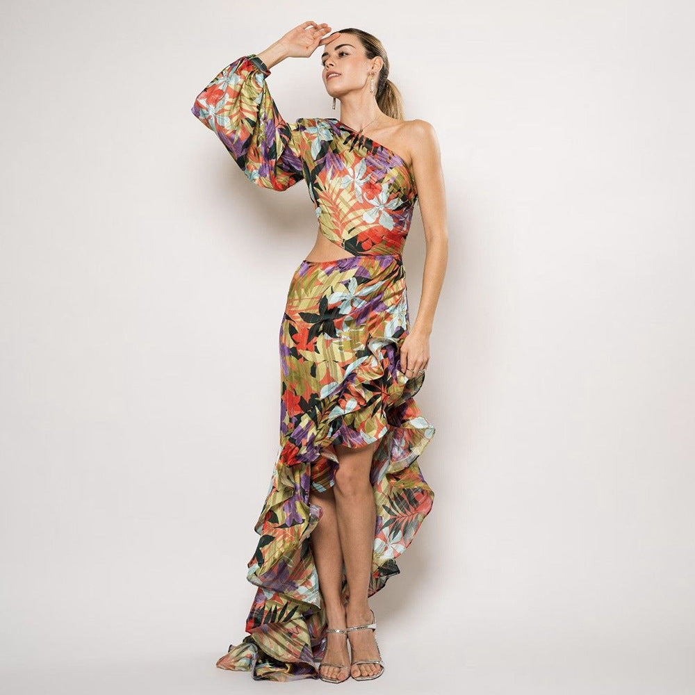 Women's Sexy Oblique Shoulder Single Sleeve Irregular Ruffled Dresses