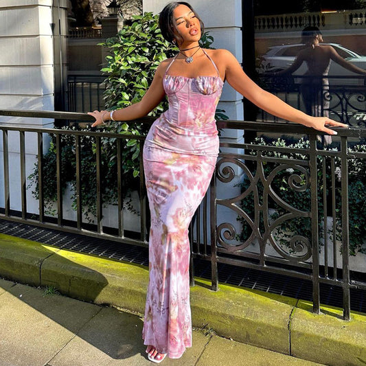 Fashion Printed Sexy Halter Lengthened Increased Dresses
