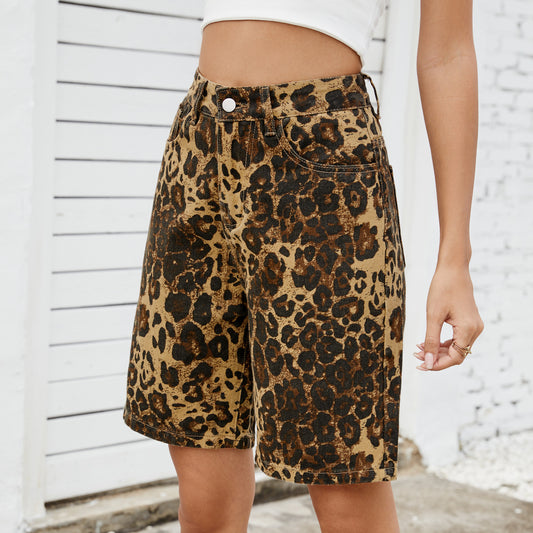 Summer Washed Casual Retro Leopard Print Jeans