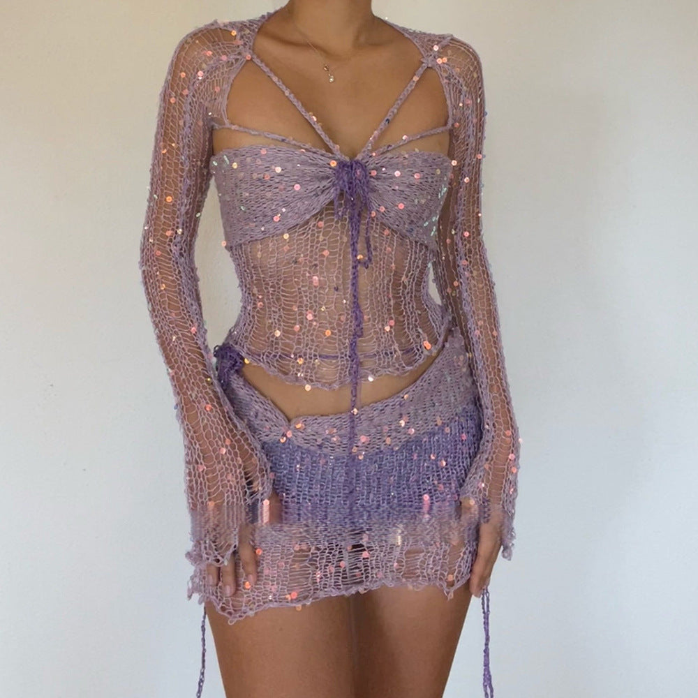 Women's Glamorous Creative Sequin Knitted Three-piece Suits