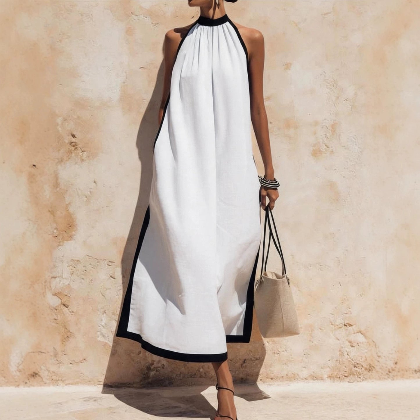Women's Vacation Style Idle Travel Cotton Linen Contrast Dress