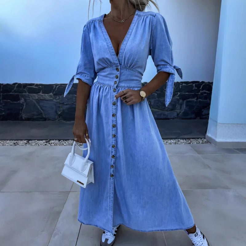 Women's Fashion Long Collar Sleeve Loose Denim Button Dresses