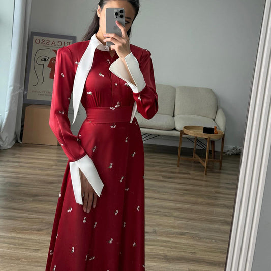 Women's French Style Design Printed Satin Dress Dresses
