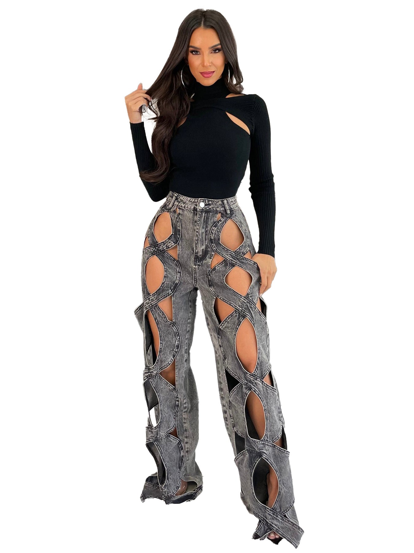 Women's Stretch Denim Fabric Personalized Twist Hollow Jeans