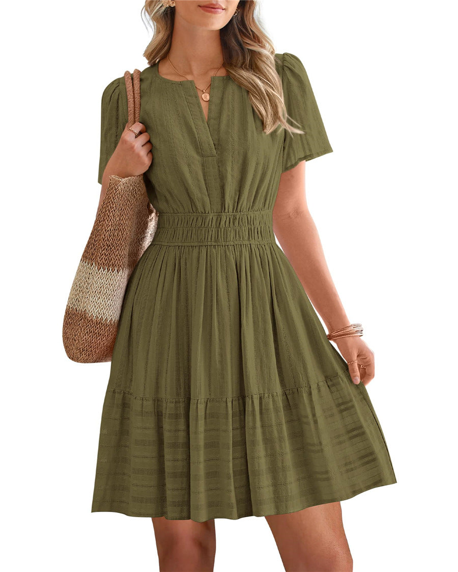 Women's Collar Pleating Puff Sleeve Large Swing Dress