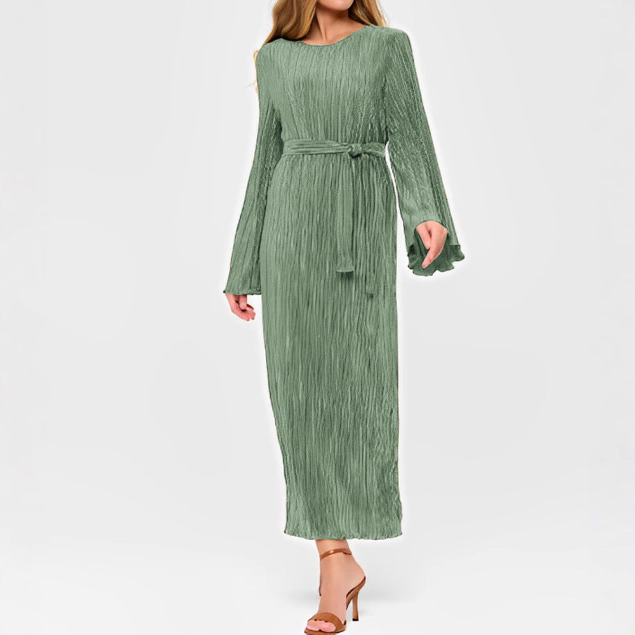 Women's Pleated Bell Sleeve Crew Neck Casual Holiday Idle Dress