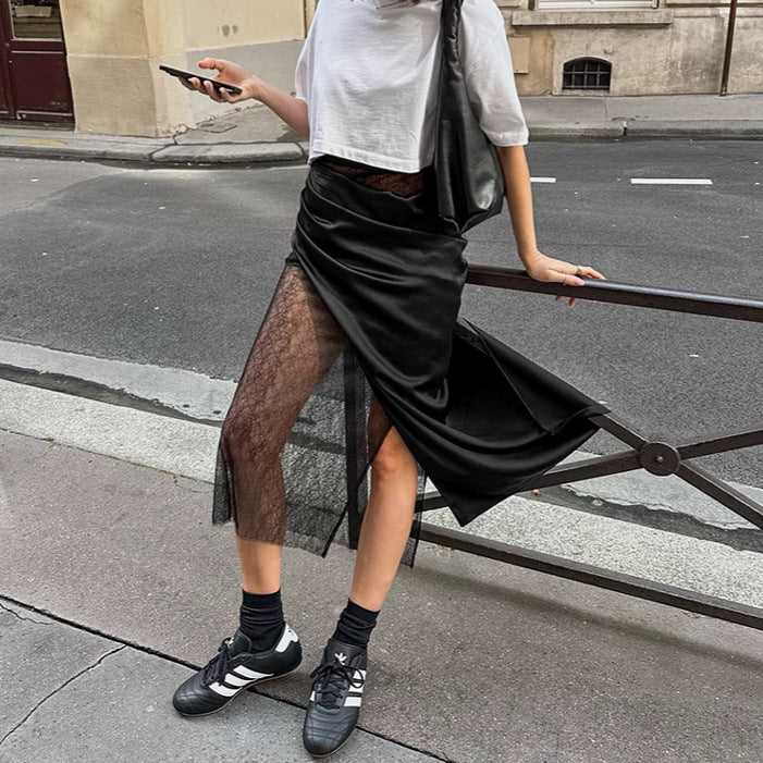 Women's Black Sexy Hot Lace Patchwork Satin Skirts