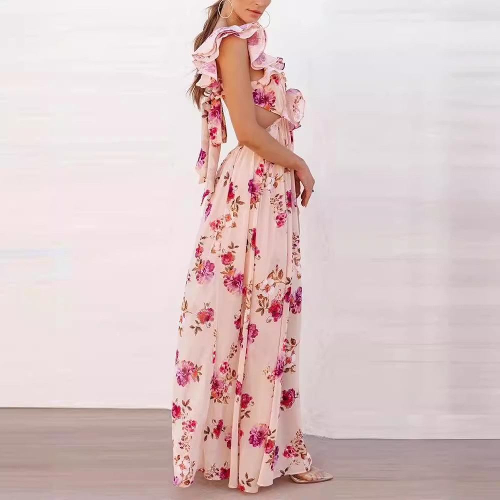 Women's Clothes Flower Print Stitching Backless Summer Dresses