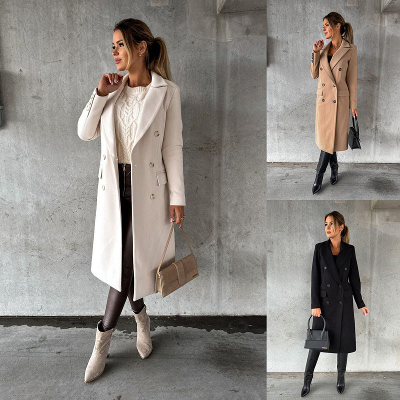 Women's Minimalist Long Sleeve Double Breasted Woolen Coats