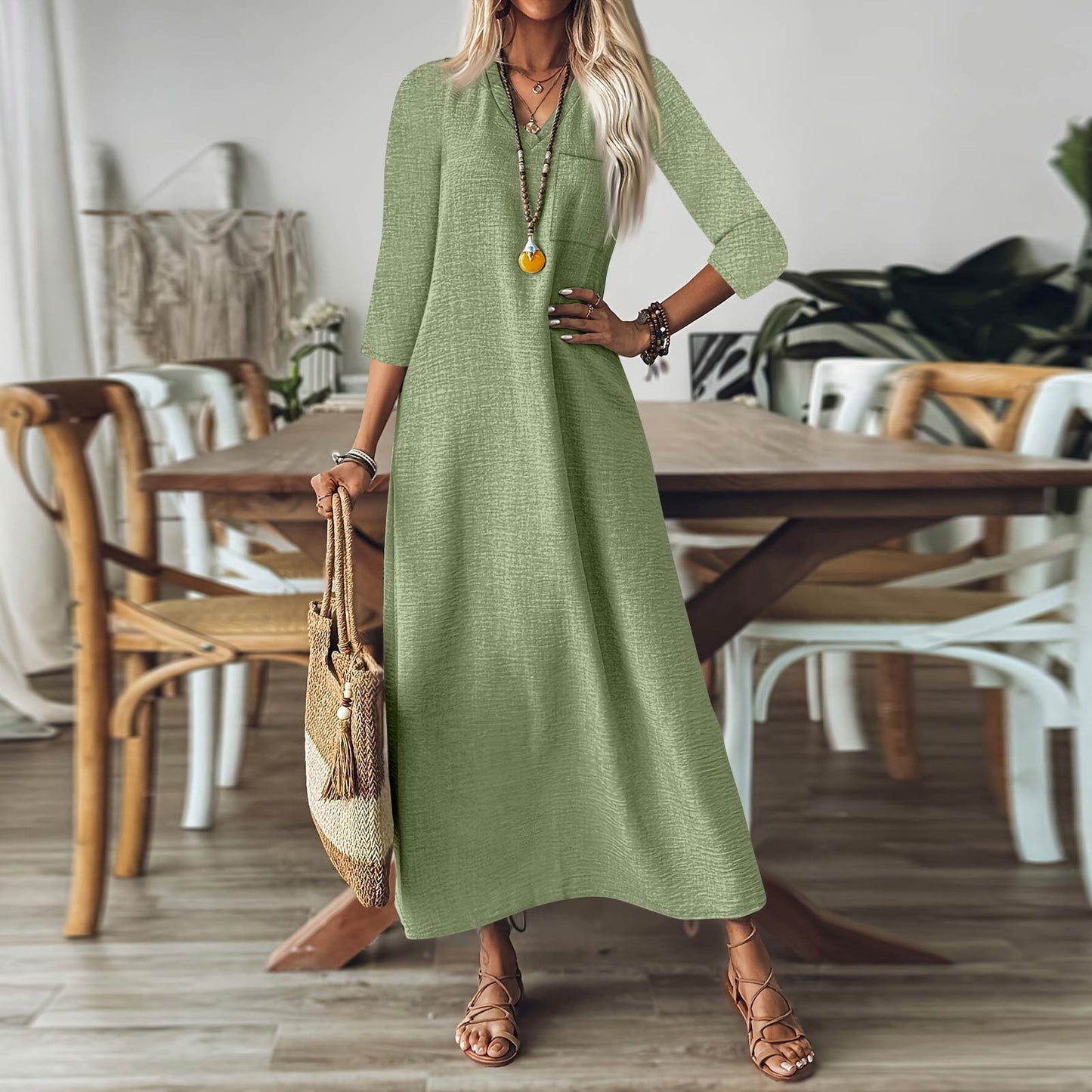 Zipper Sleeve Cotton Linen Solid Color Dress