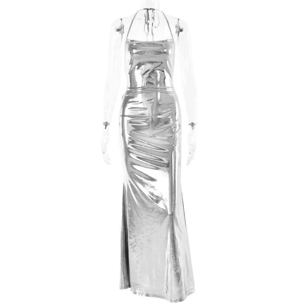 Women's Autumn Elegant Pure Color Halter Sling Swing Dress