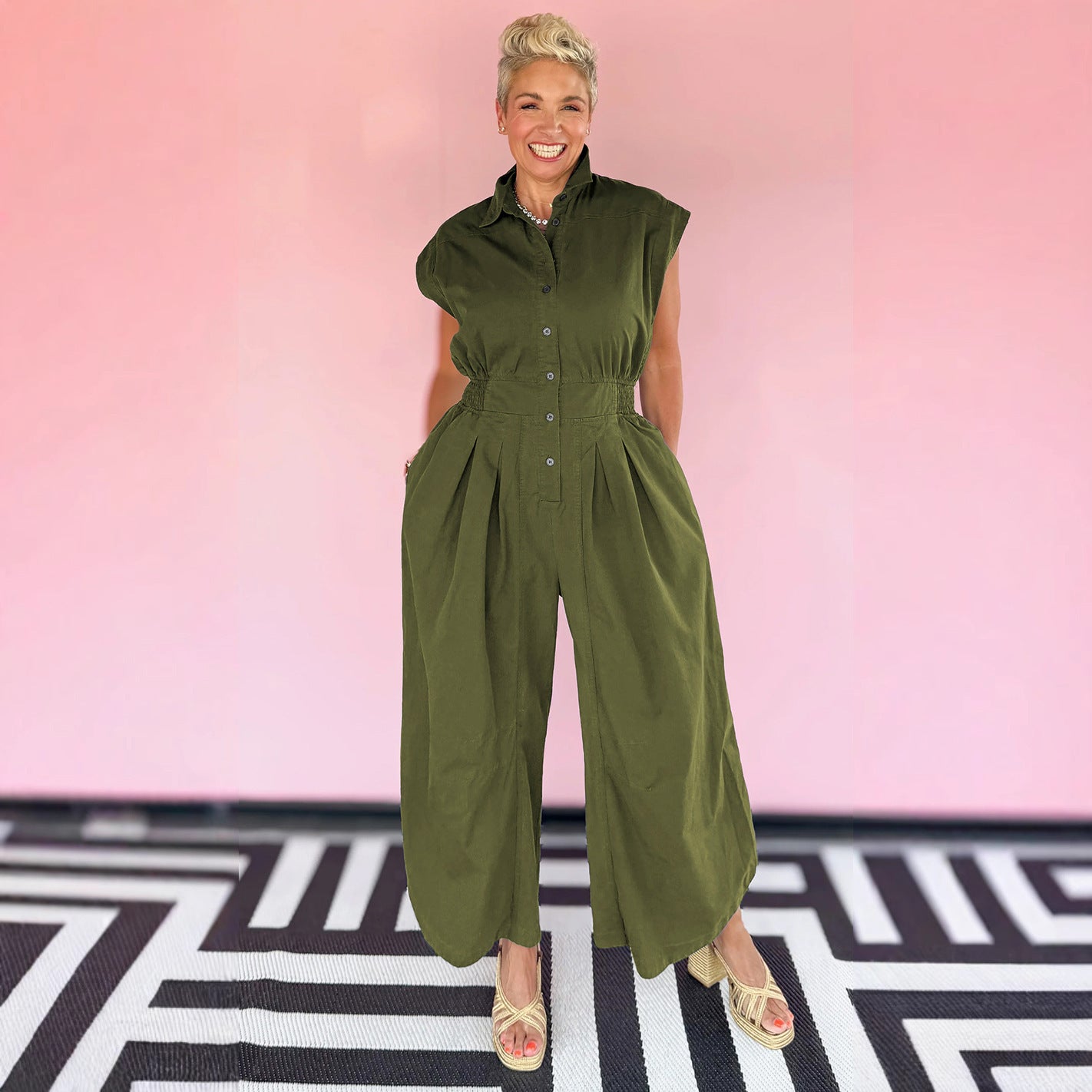 Lapel Sleeveless Button Tight Waist Overalls Suits
