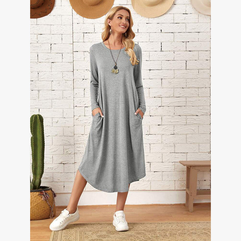 Women's Solid Color Knitted Side Seam Straight Pocket Curved Hem Dress