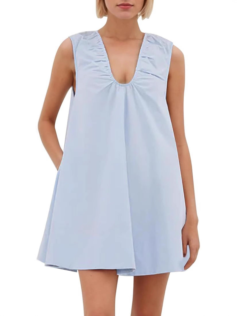 Fashionable Commuter Pleated Loose A- Line Sleeveless Solid Color Dress