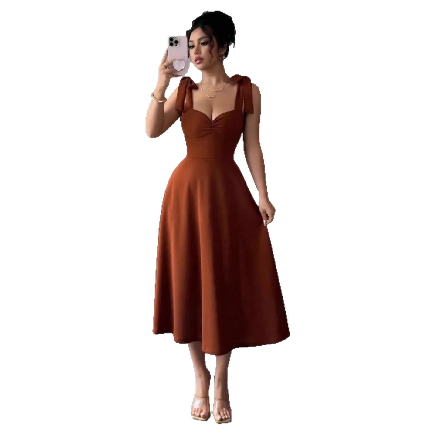 Summer Solid Color Suspender Waist Slimming Elegant Dress