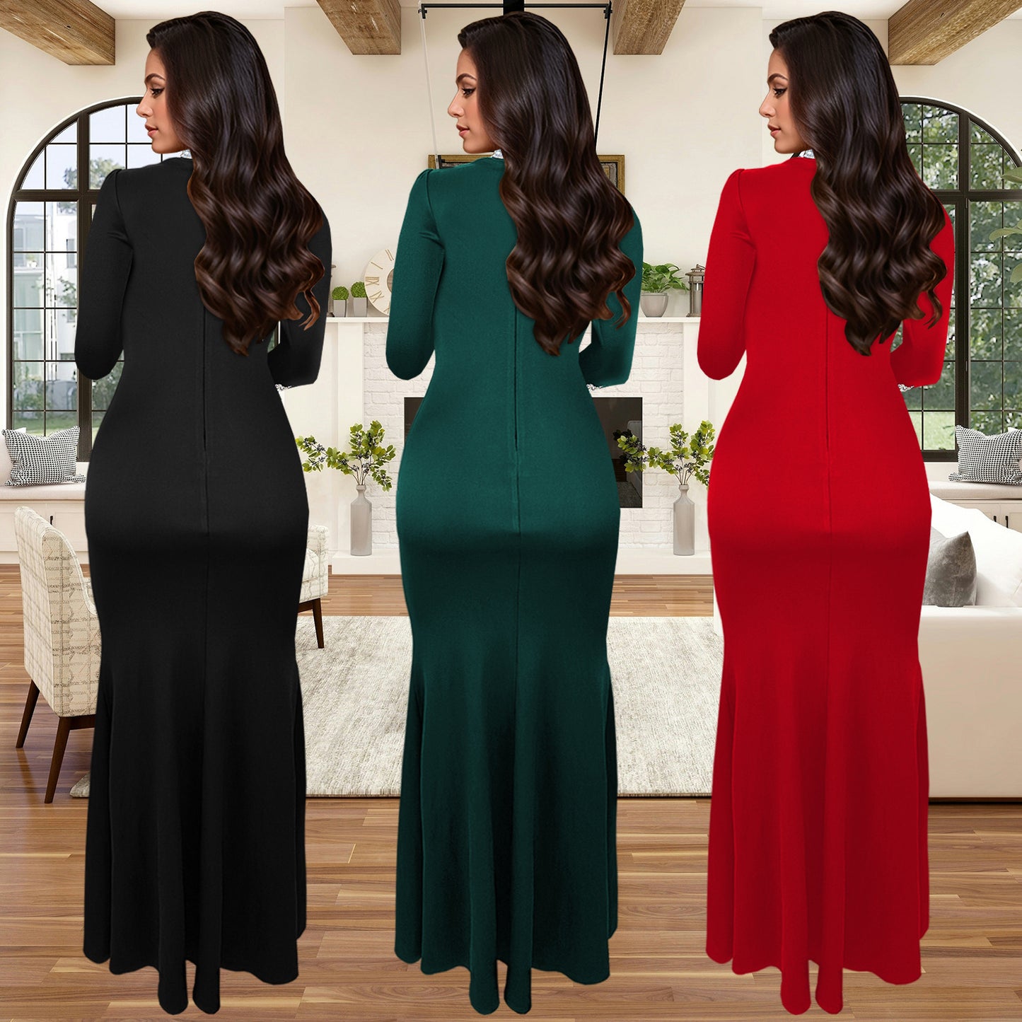 Women's Wear Solid Color Long Sleeve Rhinestone Dresses