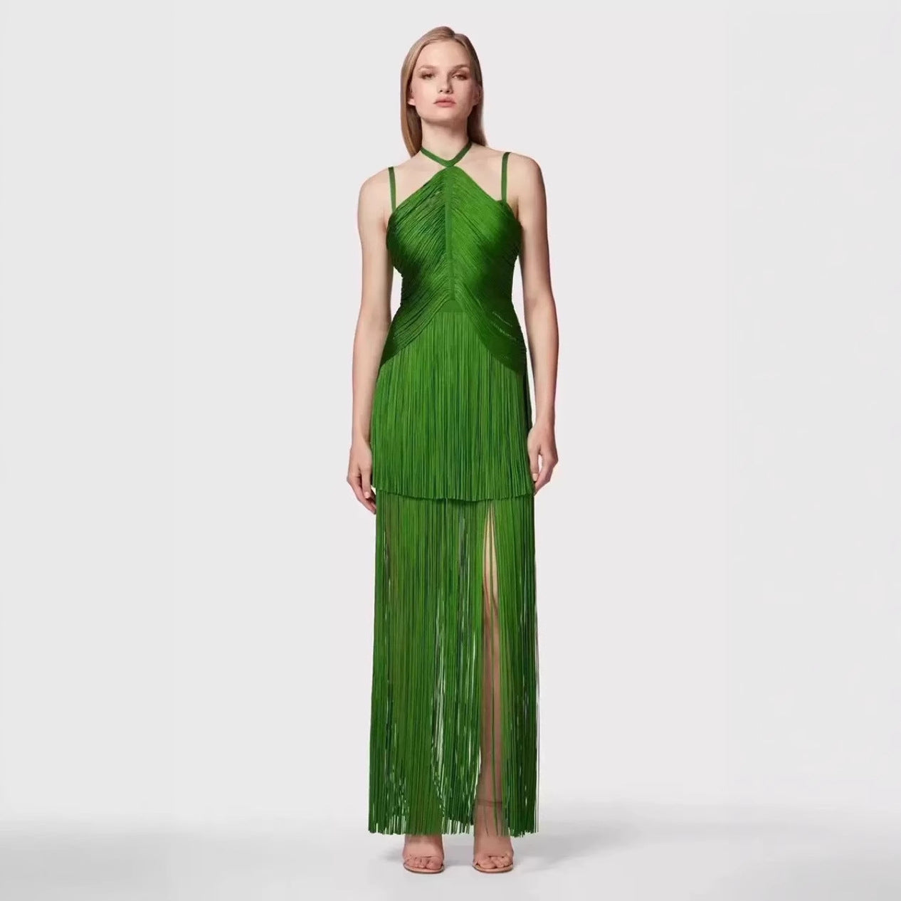 Green Halter Spaghetti Straps Long Dress Fringed Hem Dinner Dresses