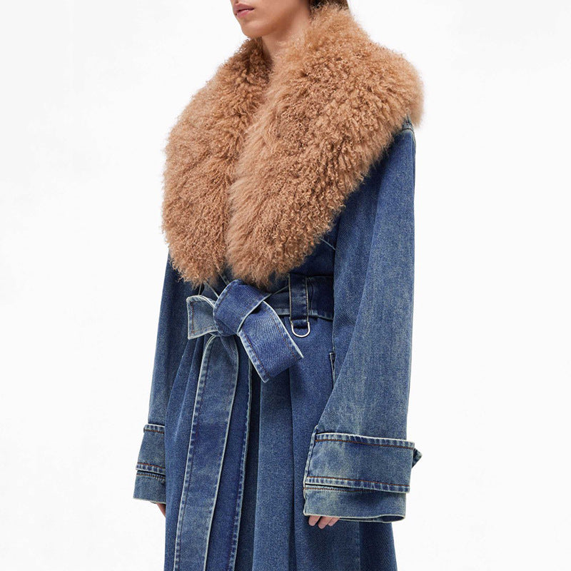 Long Denim Trench Winter Design Detachable Fur Coats