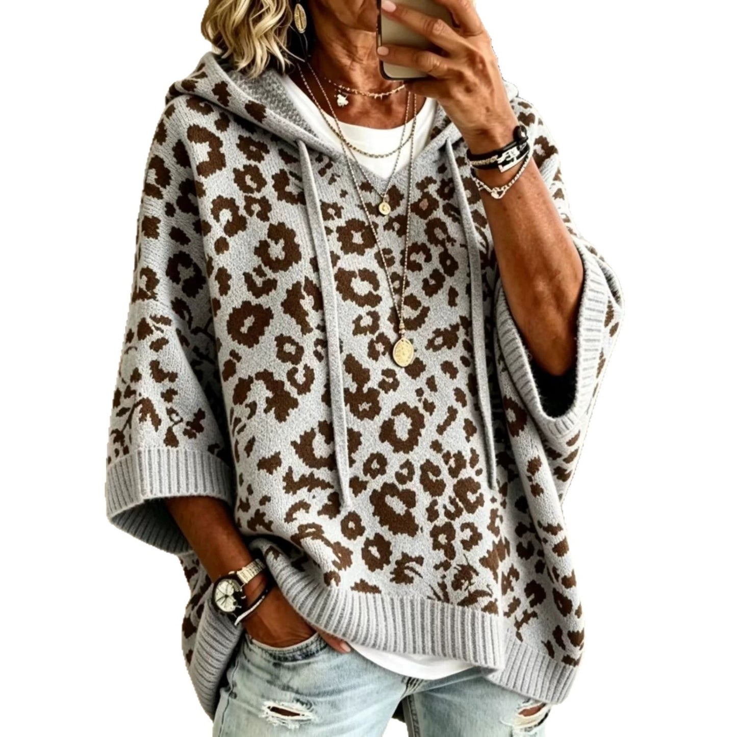 Leopard Print Hooded Drawstring Knitted Outerwear Pullover Sweater