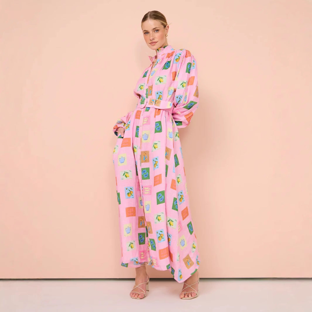 Long Casual Lantern Sleeve Fashion Printing Dress