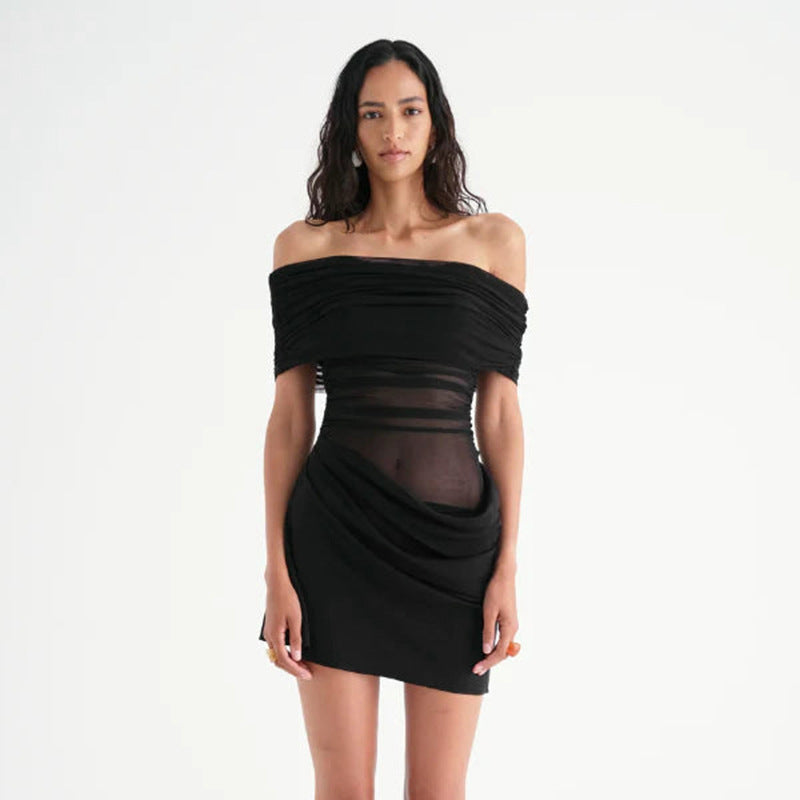 Women's Mesh Stitching Midriff Pleated Dress Dresses