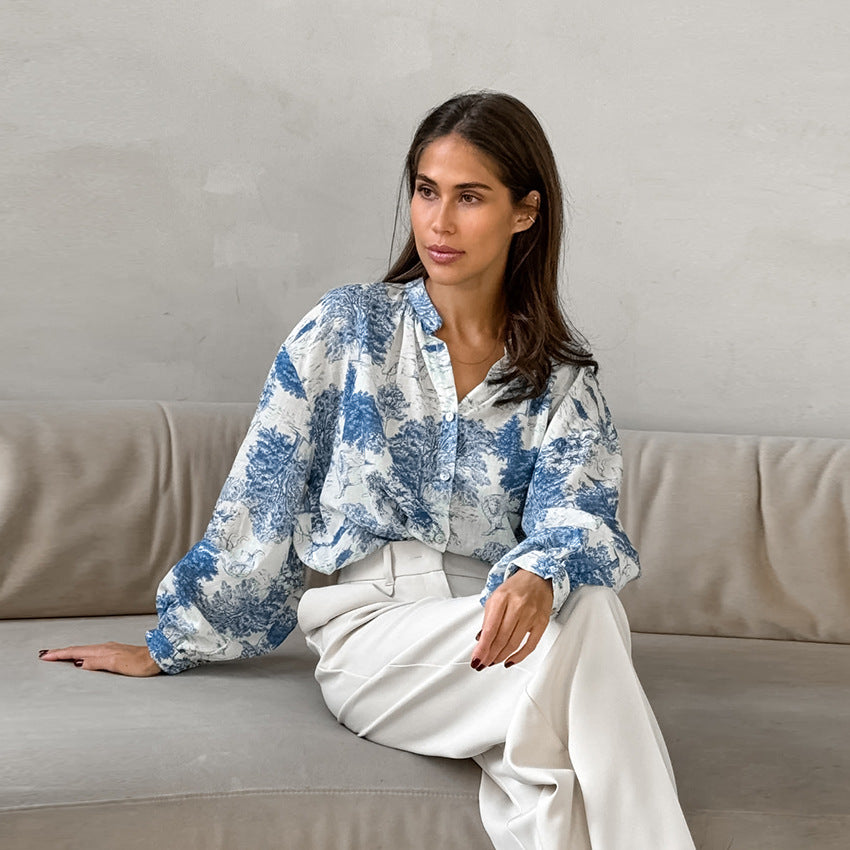 Women's Fashion Stand Collar Long Sleeve Loose Shirt Versatile Casual Blouses