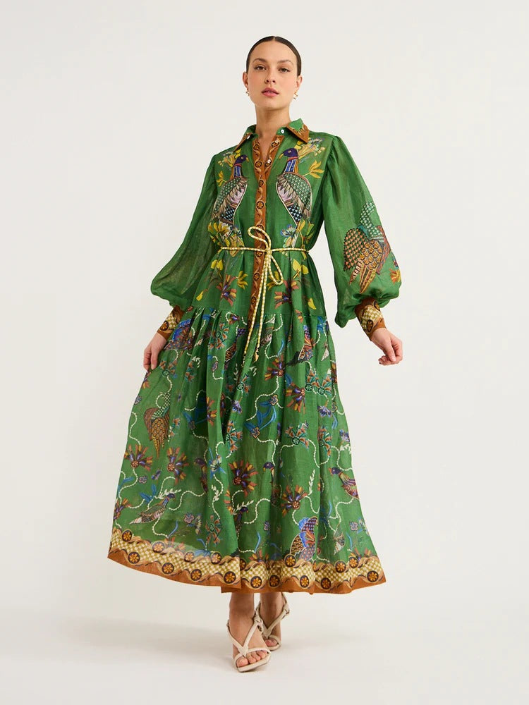 Single-breasted Lantern Sleeve Pleated Printed Waist Dresses
