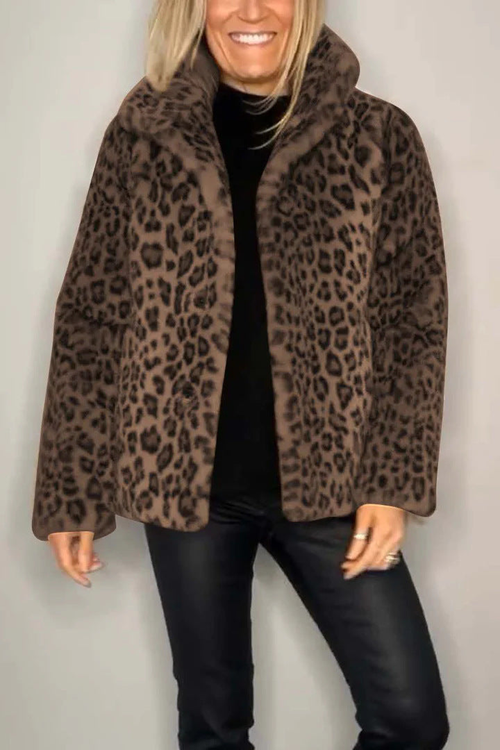 Women's Winter Fashionable Leopard Print Lapel Imitation Coats