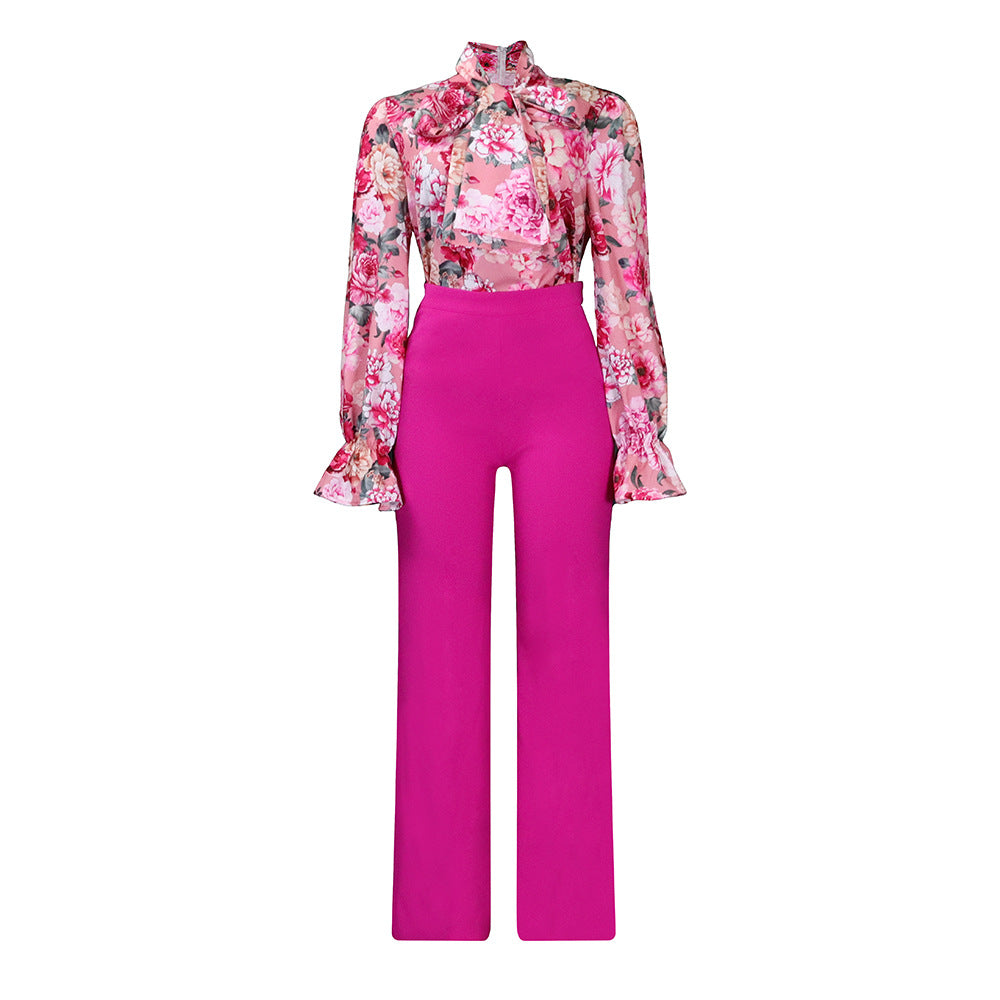 Women's Loose Large Printed Long-sleeved Shirt Two-piece Fashion Casual Suit