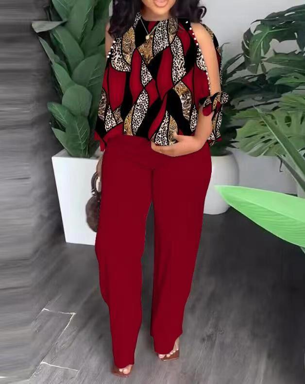 Women's Neck Bead Raglan Sleeve T-shirt Trousers Suits