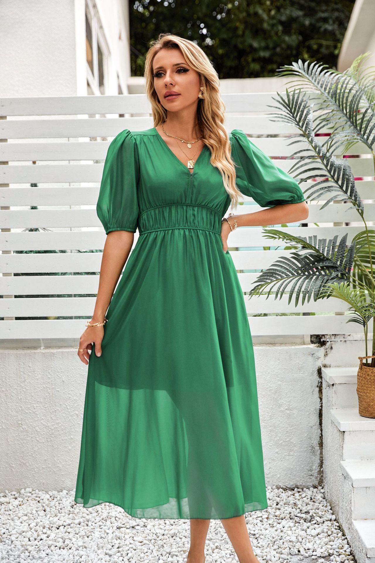 Women's Vacation Casual Solid Color Chiffon Waist Dress