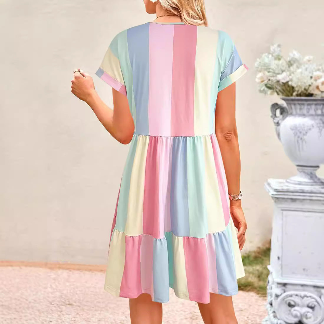 Women's Fashion Casual Stripe Printing Color Contrast Dresses