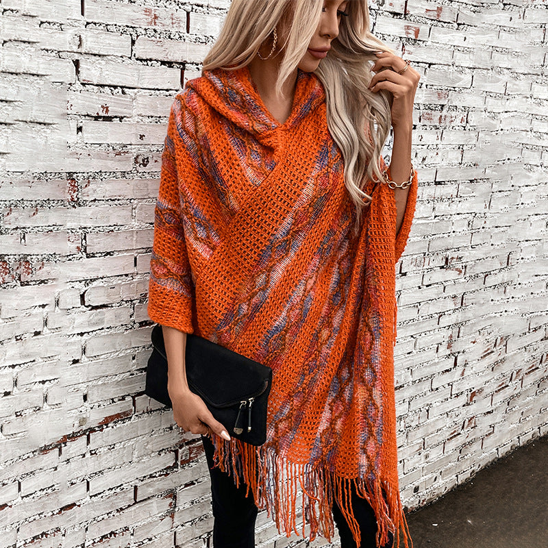 Women's Colorful Striped Hooded Knitted Tassel Cape Shawl Sweaters