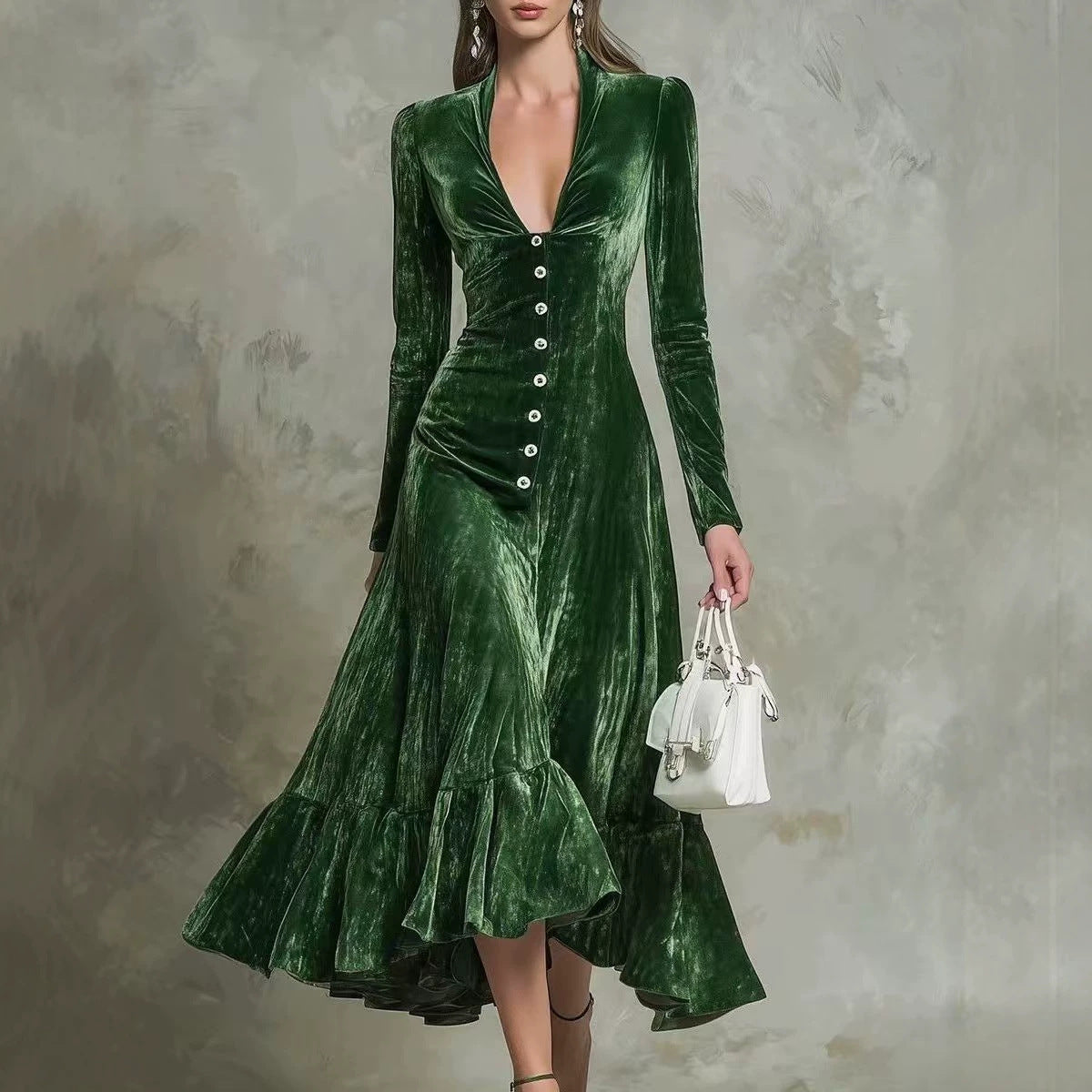 Solid Color Buttons Lapel Long Sleeve Waist Dress