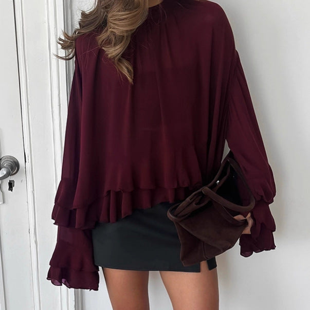 Women's Style Brown Ruffled Chiffon For Autumn Blouses