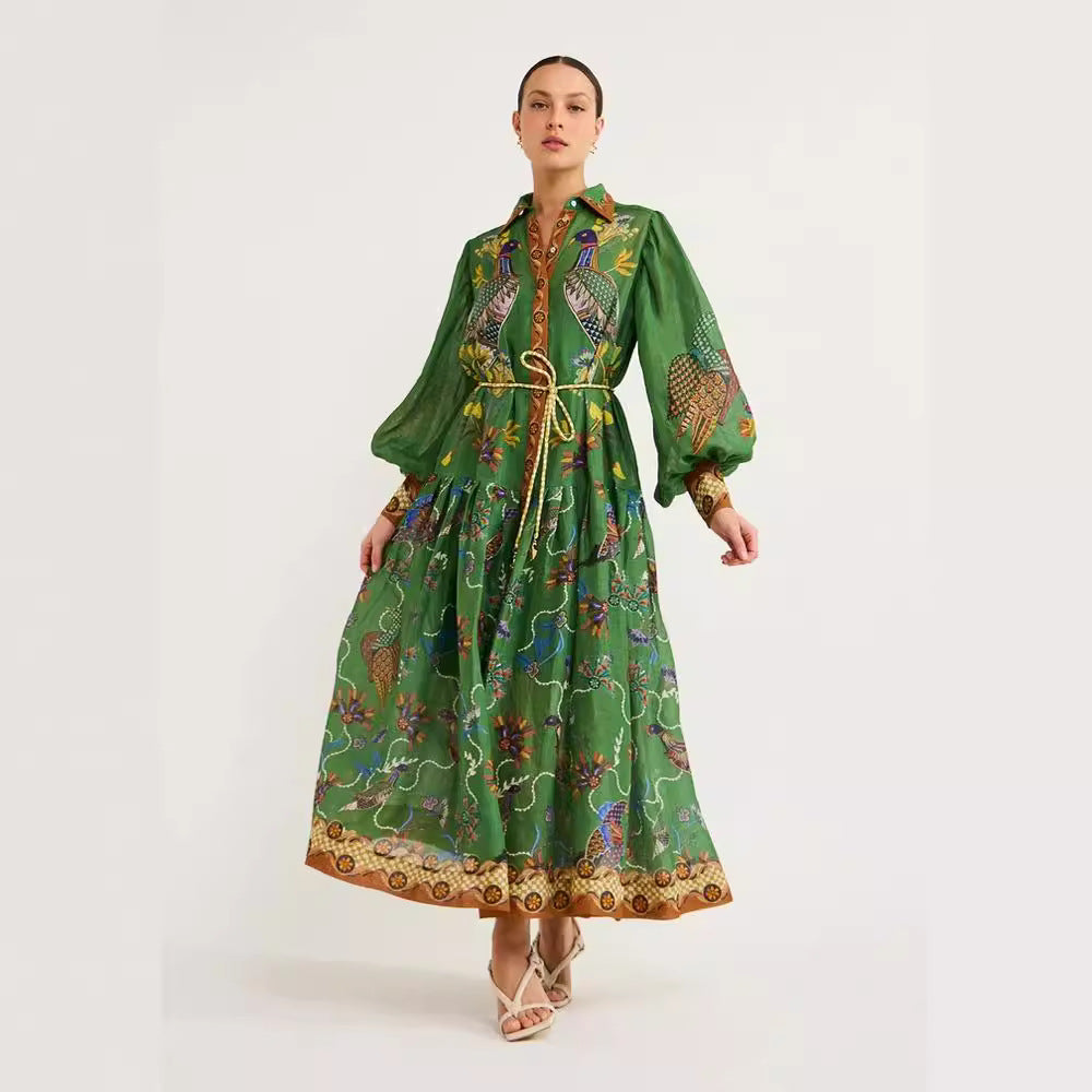 Single-breasted Lantern Sleeve Pleated Printed Waist Dresses