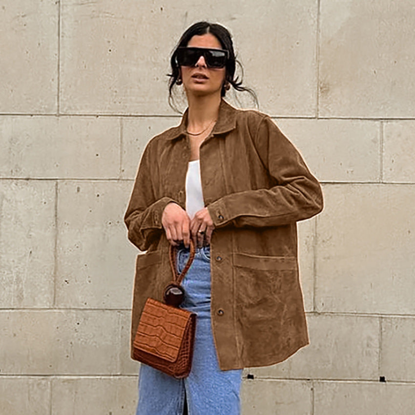 Women's Suede Autumn Fashion Loose Design Lapel Coats
