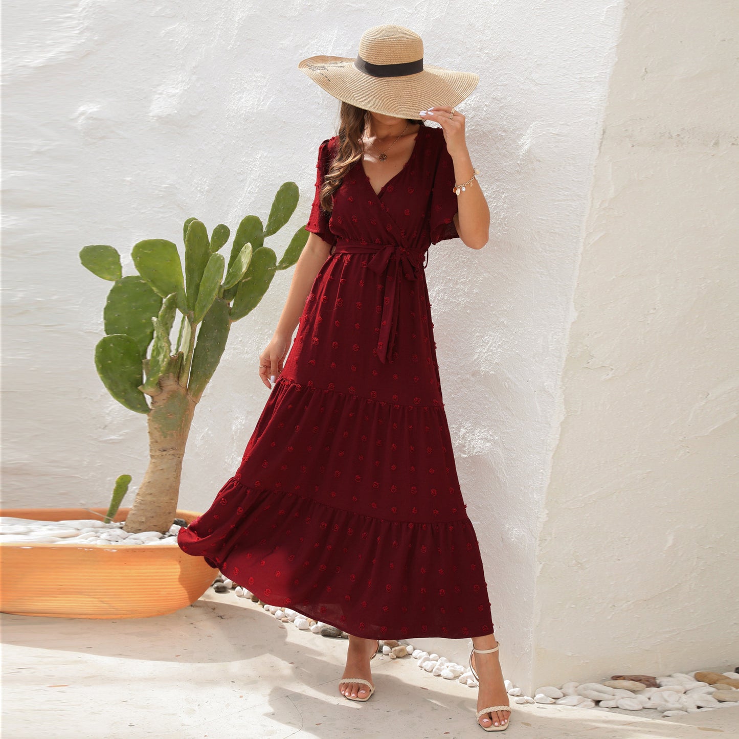 High Waist Tied Dress Fur Ball Long Dresses