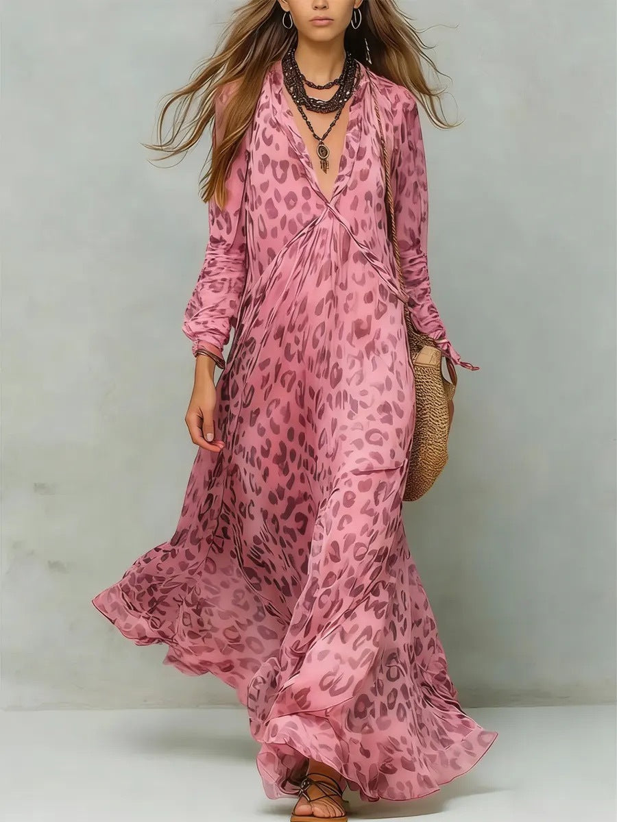 Women's Leopard Print Chiffon Long Sleeve Deep Dress