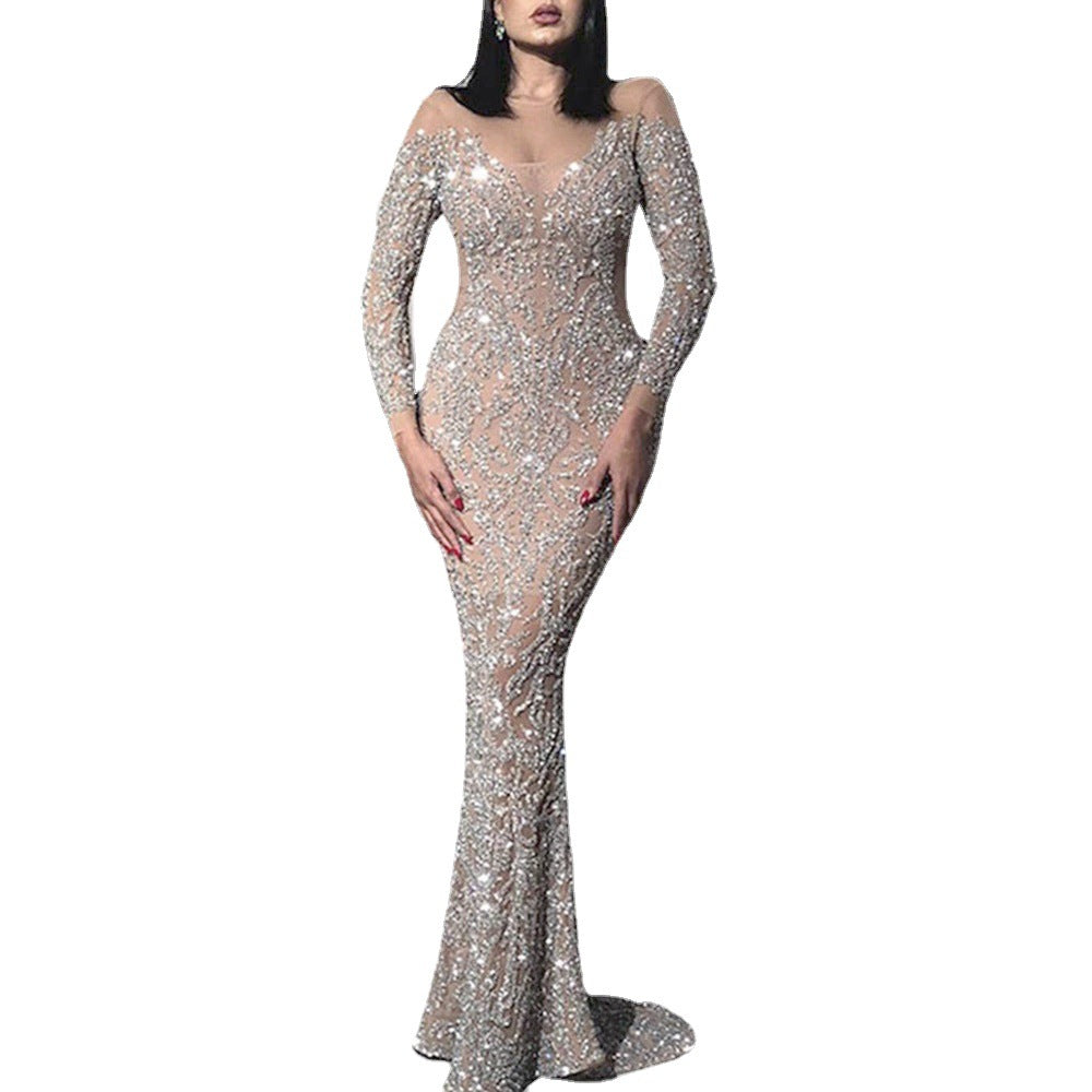 Women's Spring Bronzing Long-sleeved Sexy Dress Banquet Dresses
