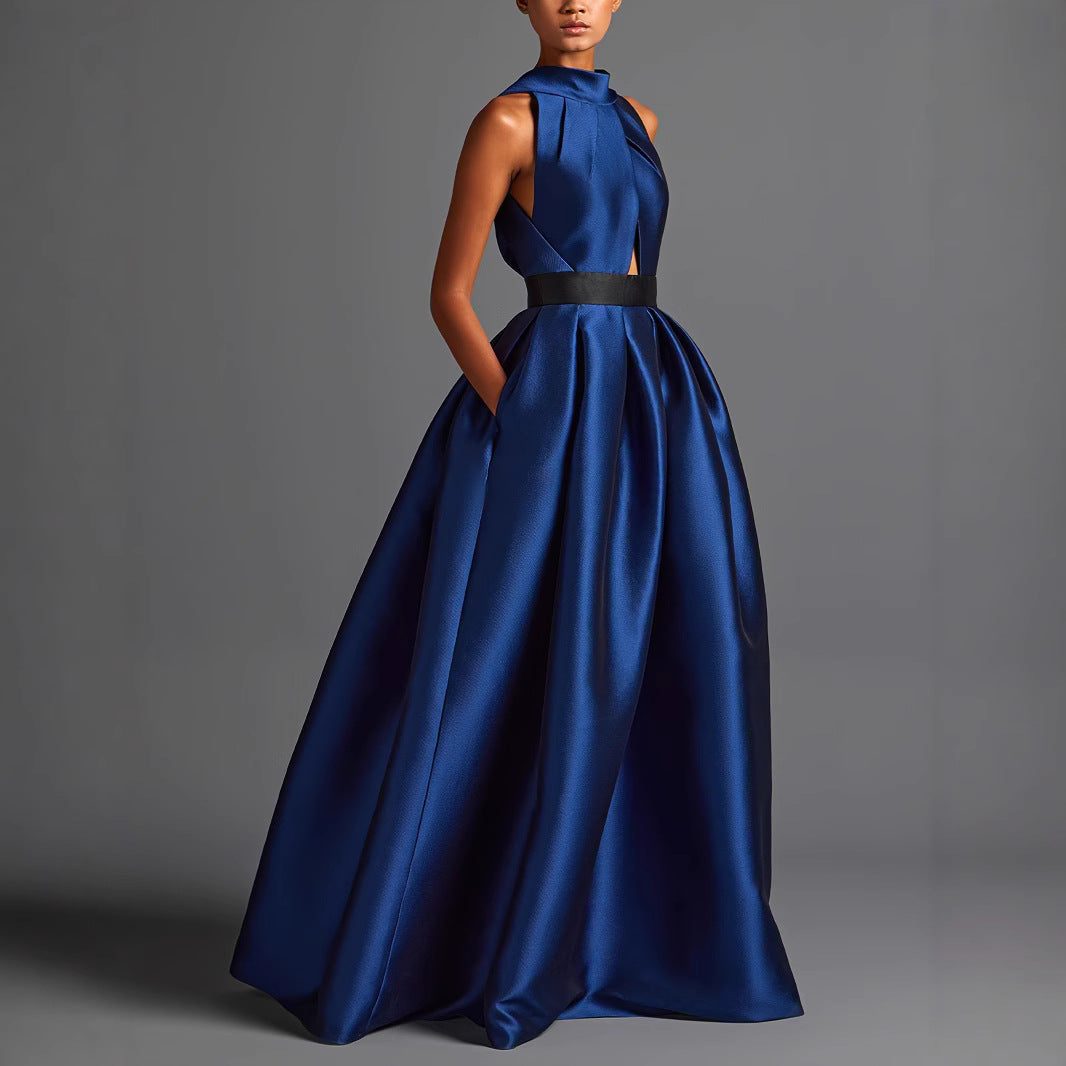 Back Pleated Dress Pocket Strap Satin Dresses