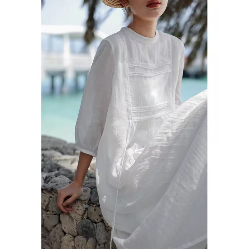 Women's Cotton Linen Loose Big Hem White Dresses